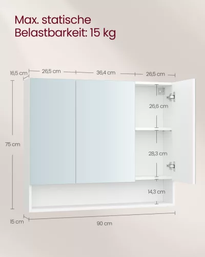 VASAGLE KAILYN tükrös fürdőszoba fali szekrény állítható polcokkal felhőfehér