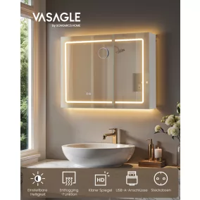   VASAGLE KAILYN BBK134W01 fürdőszobai tükrös szekrény LED világítással fehér