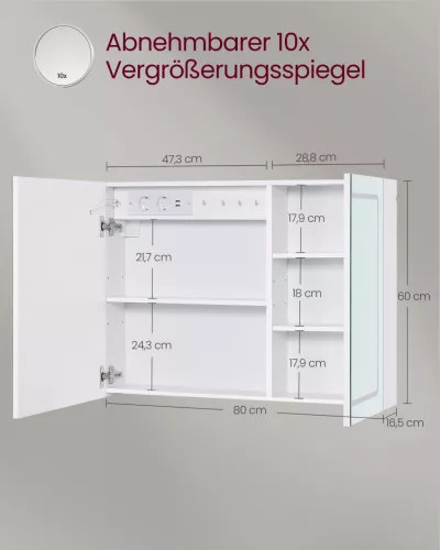 VASAGLE KAILYN BBK134W01 fürdőszobai tükrös szekrény LED világítással fehér