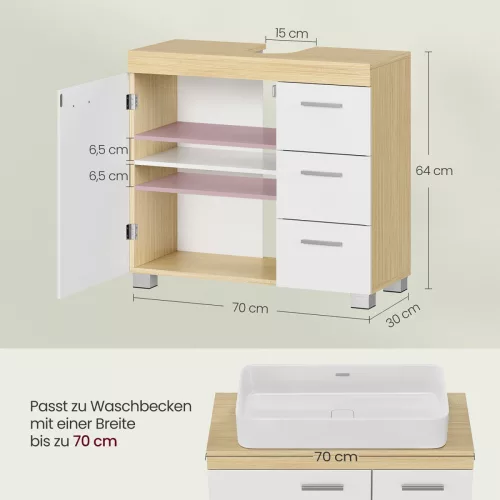 VASAGLE Modern Fürdőszobai Szekrény 3 Fiókkal Felhőfehér-Natúr