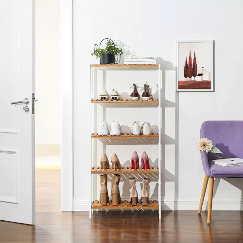 SONGMICS 5 szintes bambusz tárolópolc fehér és natúr 60 x 26 x 130 cm állítható magasságú