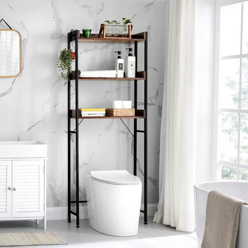 VASAGLE Vintage WC Polc 3 Nyitott Tárolóval Ipari Stílusú Barna-Fekete