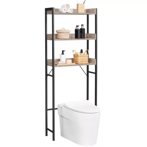 VASAGLE WC Feletti Polc 3 Szintes Tárolóval Ipari Stílus Greige-Fekete