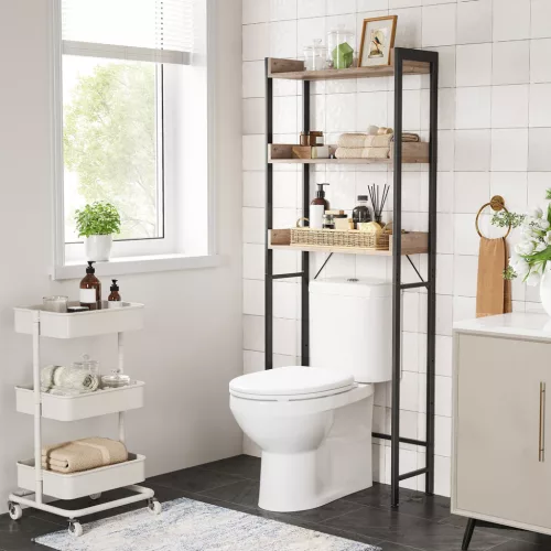 VASAGLE WC Feletti Polc 3 Szintes Tárolóval Ipari Stílus Greige-Fekete