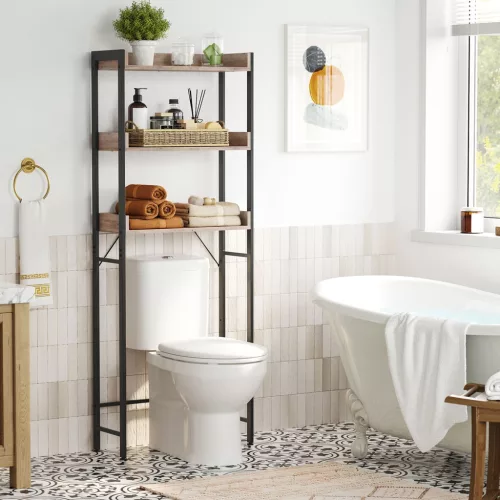VASAGLE WC Feletti Polc 3 Szintes Tárolóval Ipari Stílus Greige-Fekete