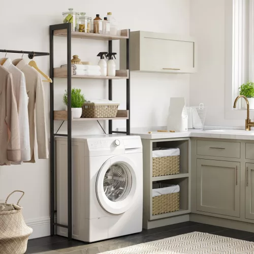 VASAGLE WC Feletti Polc 3 Szintes Tárolóval Ipari Stílus Greige-Fekete