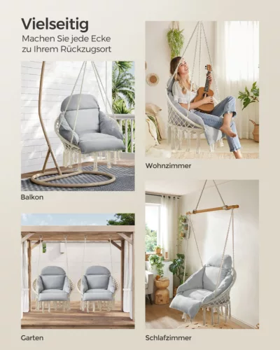SONGMICS GDC042G01 Függő Hintaszék Vastag Párnával 120 kg Teherbírás Bézs-Szürke
