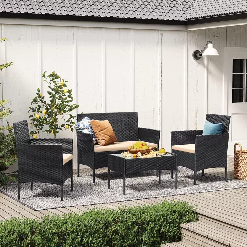 SONGMICS Modern Polyrattan Kerti Bútor Szett Fekete-Bézs