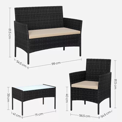 SONGMICS Modern Polyrattan Kerti Bútor Szett Fekete-Bézs