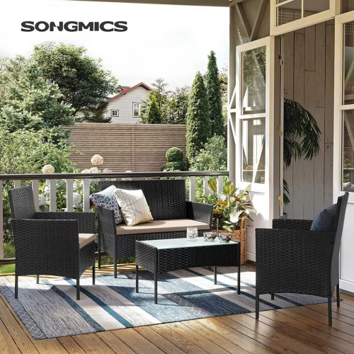SONGMICS GGF004B05 Kerti Bútor Szett PE Polyrattan Lounge Garnitúra Fekete-Taupe