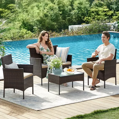 SONGMICS GGF004K05 Polyrattan Kerti Bútor Szett Barna-Bézs