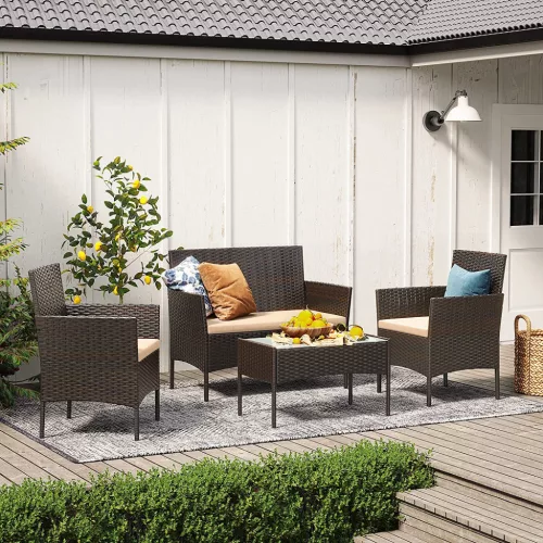 SONGMICS GGF004K05 Polyrattan Kerti Bútor Szett Barna-Bézs