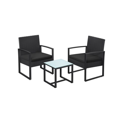 SONGMICS Polyrattan Kerti Bútor Szett Fekete Üveglapos Asztallal
