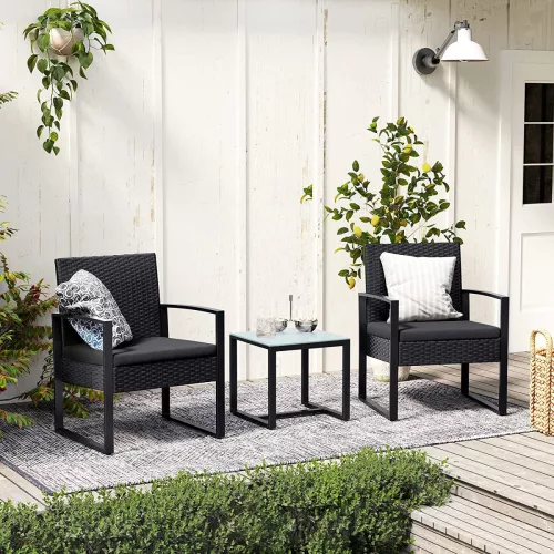 SONGMICS Polyrattan Kerti Bútor Szett Fekete Üveglapos Asztallal