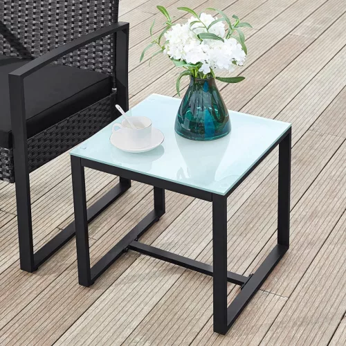 SONGMICS Polyrattan Kerti Bútor Szett Fekete Üveglapos Asztallal