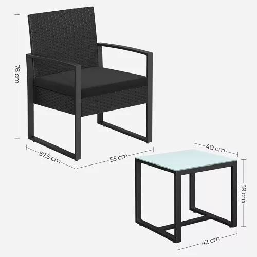 SONGMICS Polyrattan Kerti Bútor Szett Fekete Üveglapos Asztallal