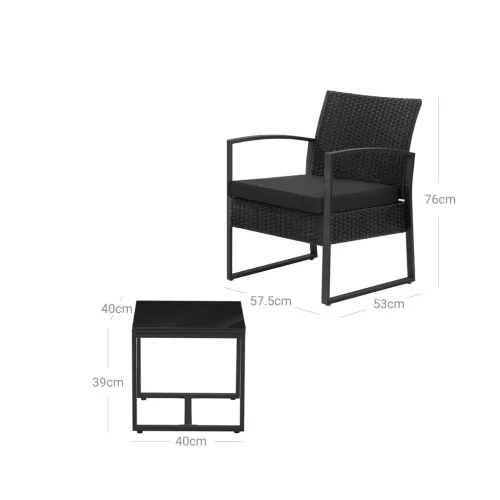 SONGMICS 3 részes kerti bútor szett polyrattan kültéri terasz erkély asztal 2 székkel fekete