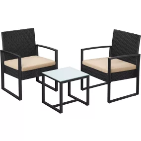   SONGMICS Modern Polyrattan Kerti Bútor Szett Üveglapos Asztallal Fekete-Bézs