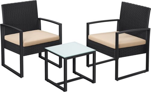 SONGMICS Modern Polyrattan Kerti Bútor Szett Üveglapos Asztallal Fekete-Bézs