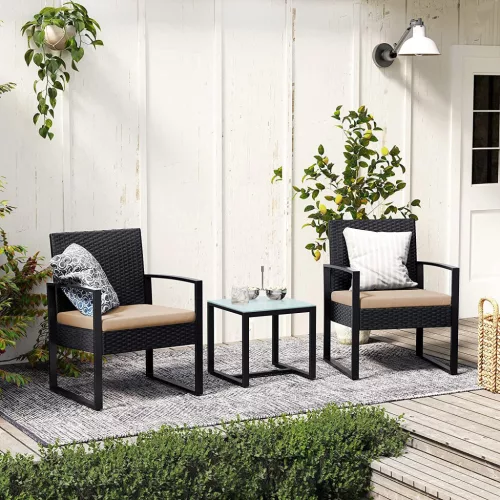 SONGMICS Modern Polyrattan Kerti Bútor Szett Üveglapos Asztallal Fekete-Bézs