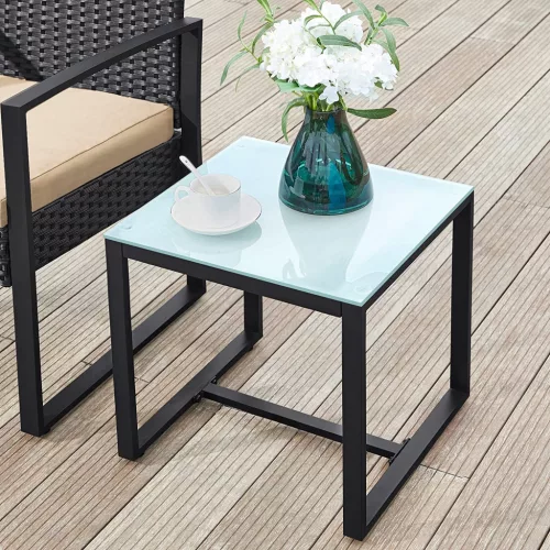 SONGMICS Modern Polyrattan Kerti Bútor Szett Üveglapos Asztallal Fekete-Bézs