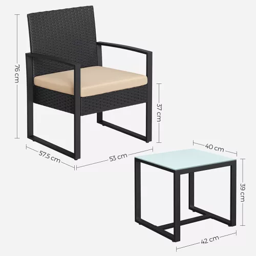 SONGMICS GGF010M05 Balkon Kerti Bútor Szett PE Polyrattan Ülőgarnitúra Asztallal és 2 Székkel Fekete/Bézs
