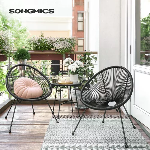 SONGMICS Acapulco Kerti Bútor Szett Fekete PE Fonott Ülőgarnitúra Üveglapos Asztallal