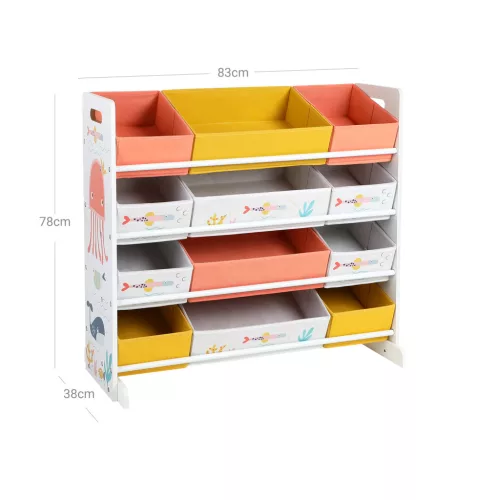 SONGMICS GKRS04WT játéktároló polc 12 textil tárolódobozzal fehér tengeri állat mintával