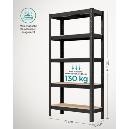 SONGMICS 5 Szintes Acél Tárolóállvány Csavarmentes Szerelés 650kg Teherbírás Fekete