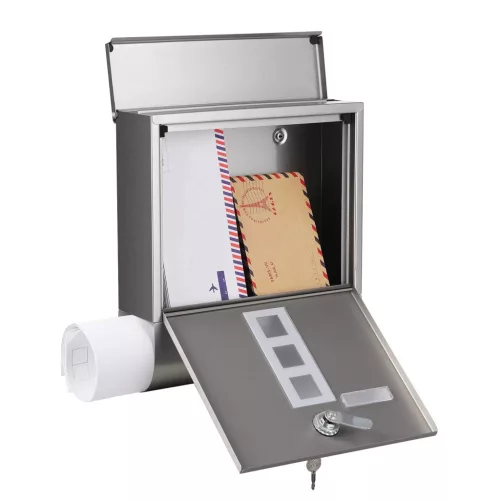 SONGMICS Postaláda Falra Szerelhető Levélszekrény Rézmagos Zárral Újságtartóval Ezüst