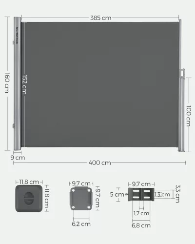 SONGMICS Prémium Oldalsó Napellenző 160 x 400 cm Füstszürke Teraszárnyékoló