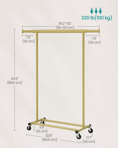 SONGMICS kerekes ruhásállvány 100 kg teherbírással halványarany