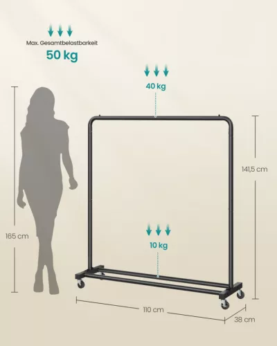 SONGMICS HSR016BH01 mobil ruhaállvány acél tintafekete 50 kg teherbírás