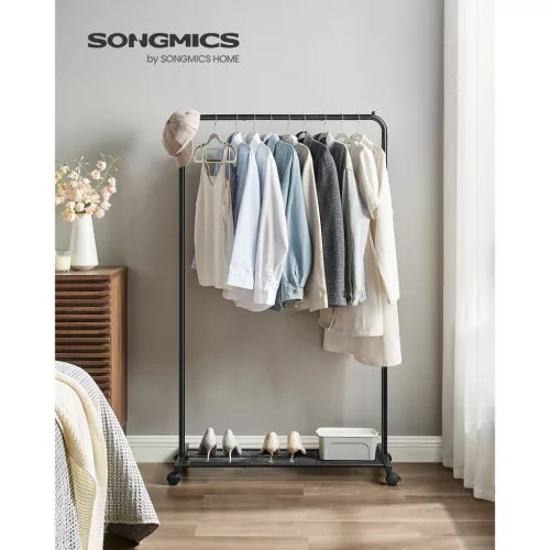 SONGMICS HSR25BK Egysoros Fém Ruhásállvány Kerekekkel Fekete Tárolópolccal