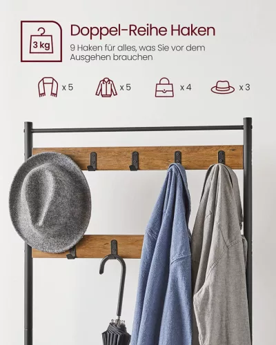 VASAGLE HSR041B41 Előszoba Fogas Cipőtartóval és Ülőkével Diótabarna/Fekete Ipari Dizájn 177 cm