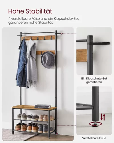 VASAGLE HSR041B41 Előszoba Fogas Cipőtartóval és Ülőkével Diótabarna/Fekete Ipari Dizájn 177 cm
