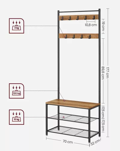 VASAGLE HSR041B41 Előszoba Fogas Cipőtartóval és Ülőkével Diótabarna/Fekete Ipari Dizájn 177 cm