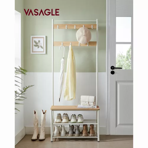 VASAGLE Modern 3-az-1-ben Előszobai Állvány Tölgy-Fehér Acélvázzal