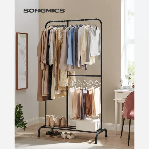 SONGMICS Kétszintes Acél Ruhaállvány Fekete