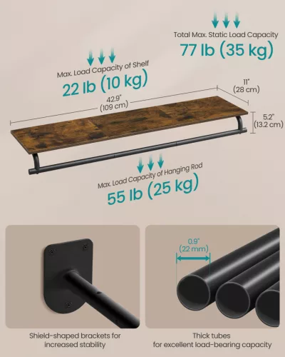 SONGMICS fali ruhafogas polccal és rúddal rusztikus barna és tintafekete 109 x 28 x 13,2 cm
