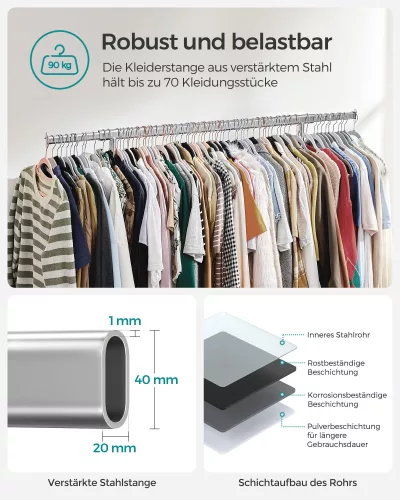 SONGMICS Mobil Ruhaállvány Kerekes Nagy Teherbírású Acél Ezüst HSR13S