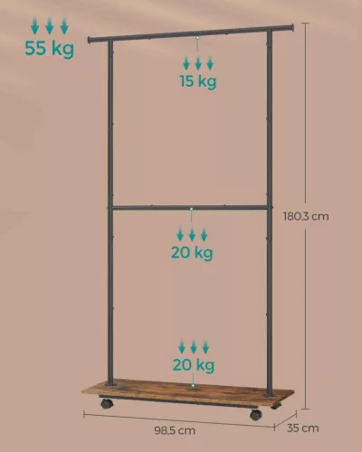 SONGMICS Vintage Ruhaállvány Dupla Rúddal és Polccal Acél Váz Vintage Barna/Fekete
