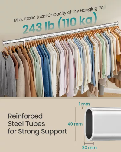 SONGMICS HSR176E01 extra erős kerekes ruhaállvány bővíthető akasztóval 110 kg teherbírás krómozott acél ezüst