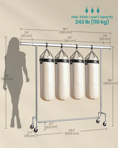 SONGMICS HSR176E01 extra erős kerekes ruhaállvány bővíthető akasztóval 110 kg teherbírás krómozott acél ezüst