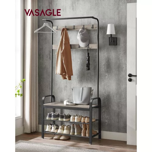 VASAGLE DAINTREE Ipari Stílusú Előszobai Állvány Paddal és Cipőtartóval Szürke-Fekete