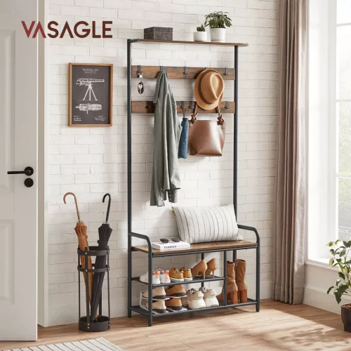 VASAGLE Industrial Előszoba Pad Fogassal Cipőtárolóval Rusztikus Barna-Fekete