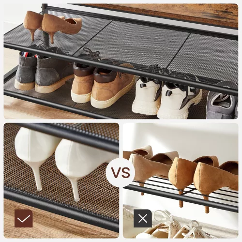 VASAGLE Industrial Előszobai Állvány Cipőspolccal és Paddal Rusztikus Barna-Fekete