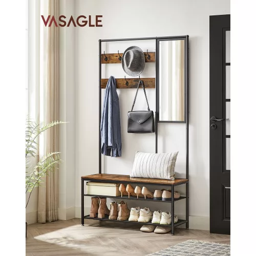 VASAGLE Ipari Stílusú Előszobafal Tükörrel Vintage Barna-Fekete