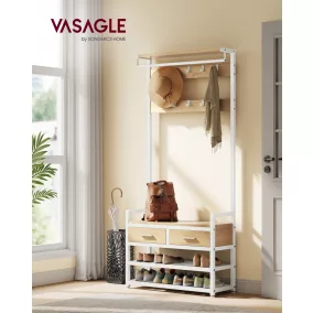   VASAGLE HSR429YA01 előszobai fogas 10 levehető akasztóval, 2 fiókkal, cipős paddal, arany tölgy és matt fehér