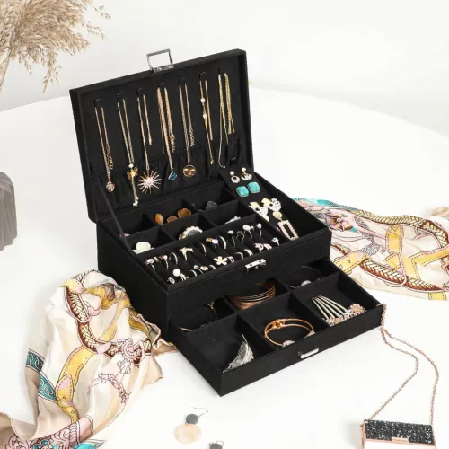 SONGMICS Elegáns Kétszintes Ékszertartó Doboz Fiókkal Fekete